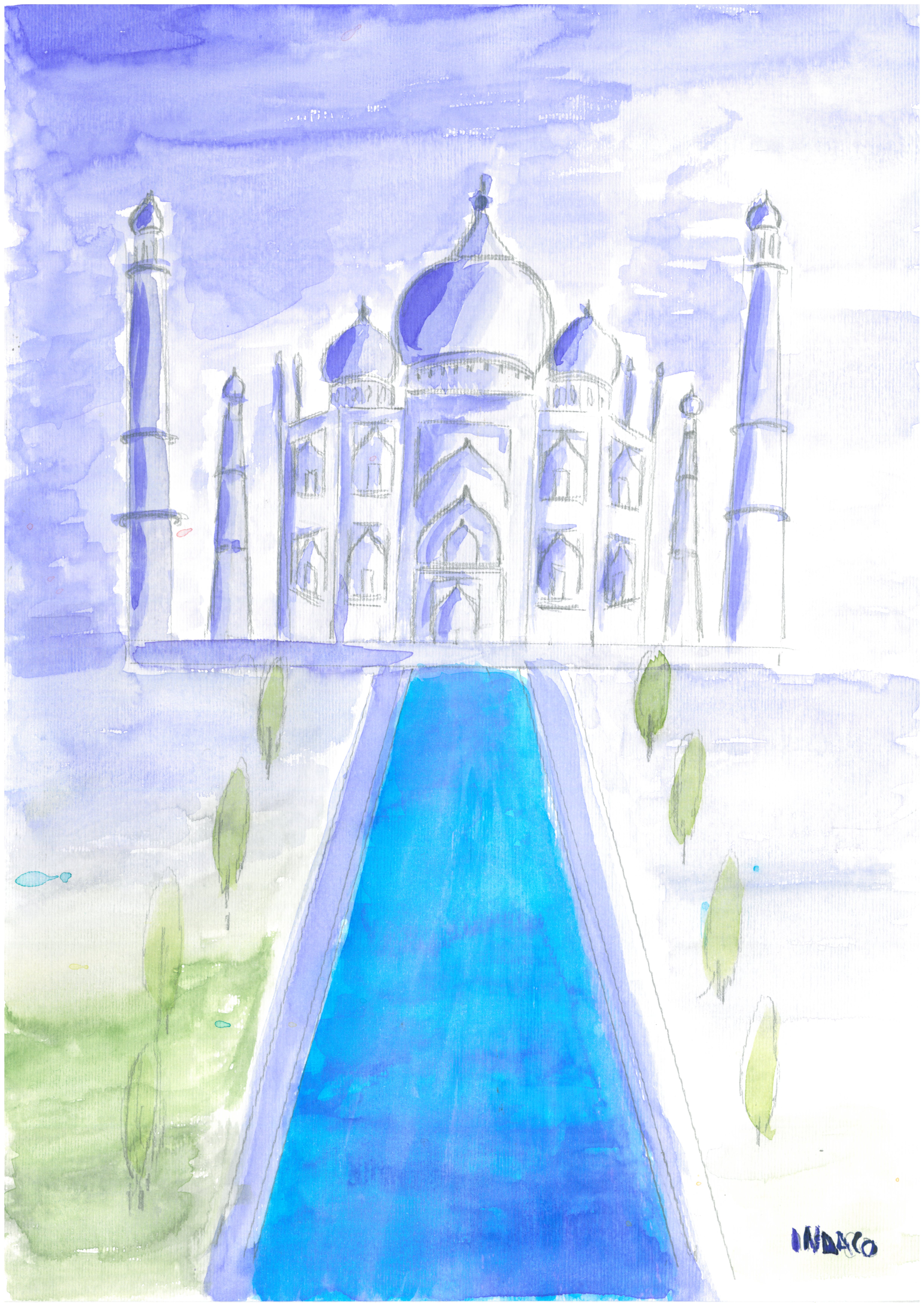 Veduta frontale del Taj Mahal, immerso in un'atmosfera dai toni dell'indaco che si riflettono sulla bianca facciata. Davanti all'ingresso principale un ampio canale d'acqua, costeggiato da alberelli simmetricamente posizionati.
