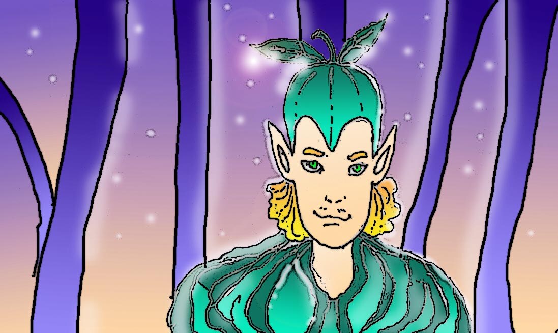 Immagine di un elfo tra gli alberi (Per leggerne la descrizione proseguire nel link). La creatura del bosco con un copricapo vegetale e le orecchie a punta.