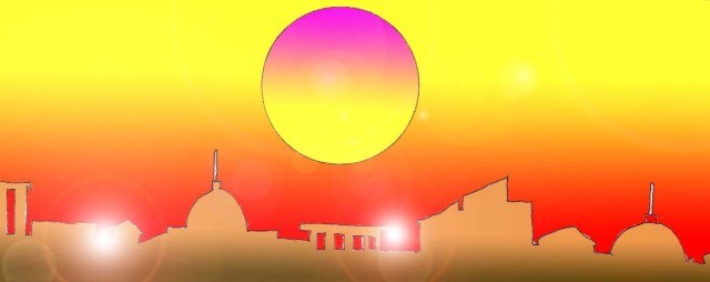 Immagine del profilo della città� (Per leggerne la descrizione proseguire nel link). Si vedono i contorni dei tetti e le colonne di fumo che si alzano in un cielo rosso fuoco. E' Roma che brucia.