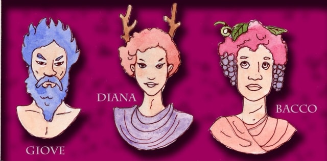 Immagine di busti di statue (Per leggerne la descrizione proseguire nel link) Si vedono, su sfondo viola, i busti di Diana (al centro), di Bacco (a destra) e di Giove (a sinistra).