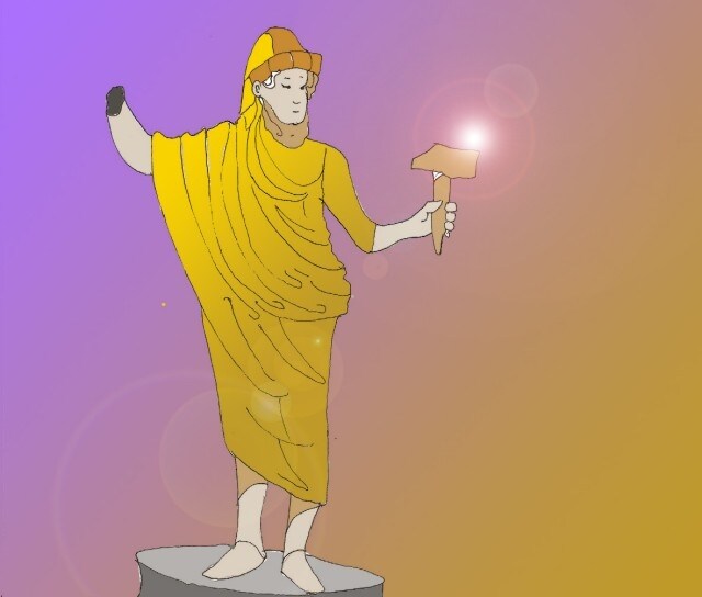 Immagine della statua di Vulcano (Per leggerne la descrizione proseguire nel link). Figura intera del dio su di un piedistallo. E' vestito con una tunica color zafferano e tiene nella mano sinistra un martello. Il braccio destro è tronco.