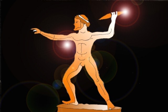 Immagine della statua di Giove (Per leggerne la descrizione proseguire nel link). Il dio in figura intera e nudo, gambe e braccia divaricate, in atto di scagliare un dardo a forma di cuneo. Ha il volto barbuto.