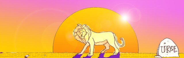 Immagine del leone (Per leggerne la descrizione proseguire nel link). Figura intera del leone, al centro, visto lateralmente, con la testa girata sul lato della scena. Si vedono il muso e la folta criniera. Il leone ha un bel portamento, un corpo slanciato che si staglia sullo sfondo del sole, al tramonto. Sulla destra, una pietra con l'iscrizione 'URBE'.