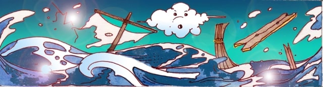Immagine del mare in tempesta (Per leggerne la descrizione proseguire nel link). Si vede una superficie marina scomposta in molte onde e frangenti ricchi di schiuma bianca. Tra le onde una vela strappata e parte di uno scafo in legno, in diverse travi. Sullo sfondo, la figura di Eolo che soffia il vento, impersonificato da una nuvola disegnata con occhi, naso e bocca.