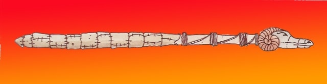 Immagine di un ariete, arma di assedio (Per leggerne la descrizione proseguire nel link). Su fondo arancione, in orizzontale, un ariete lungo e sottile in legno lavorato.