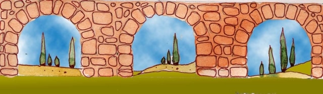Immagine di un acquedotto (Per leggerne la descrizione proseguire nel link) Si vedono tre arcate dell'acquedotto composte da mattoncini rossi. Sullo sfondo un paesaggio con cipressi.