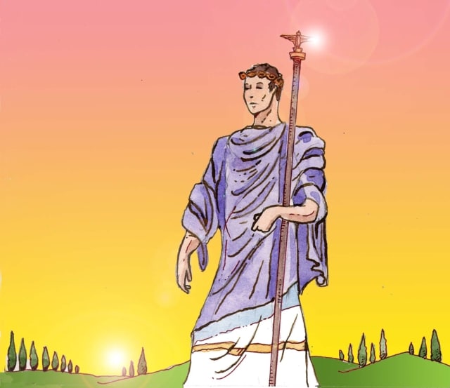 Immagine di Augusto in figura intera (Per leggerne la descrizione proseguire nel link). Si vede l'imperatore con il vessillo imperiale, sormontato da un'aquila, che tiene con il braccio sinistro. E' vestito con una tunica. Sullo sfondo, un paesaggio campestre.