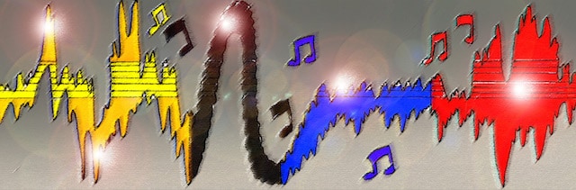 Immagine di un pentagramma sincopato e colorato (Per leggerne la descrizione proseguire nel link). Le notazioni musicali, sul pentagramma, colorate, nell'ordine, di giallo, nero, blu e rosso, come a esprimere l'umore musicale.