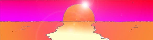 Immagine di un tramonto di sole infuocato (Per leggerne la descrizione proseguire nel link). Il disegno esprime simbolicamente il vivido colore rosso della luce del sole al tramonto, sul mare, che si rispecchia sull'acqua e tinge di rosso il paesaggio.