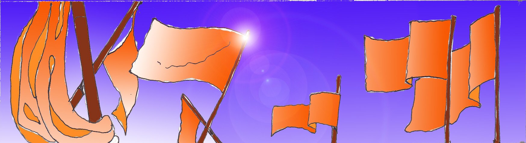 Immagine di bandiere arancioni (Per leggerne la descrizione proseguire nel link). Una serie di bandiere e di vessilli arancioni al vento, montati su bastoni di legno, su di uno sfondo di cielo indaco.