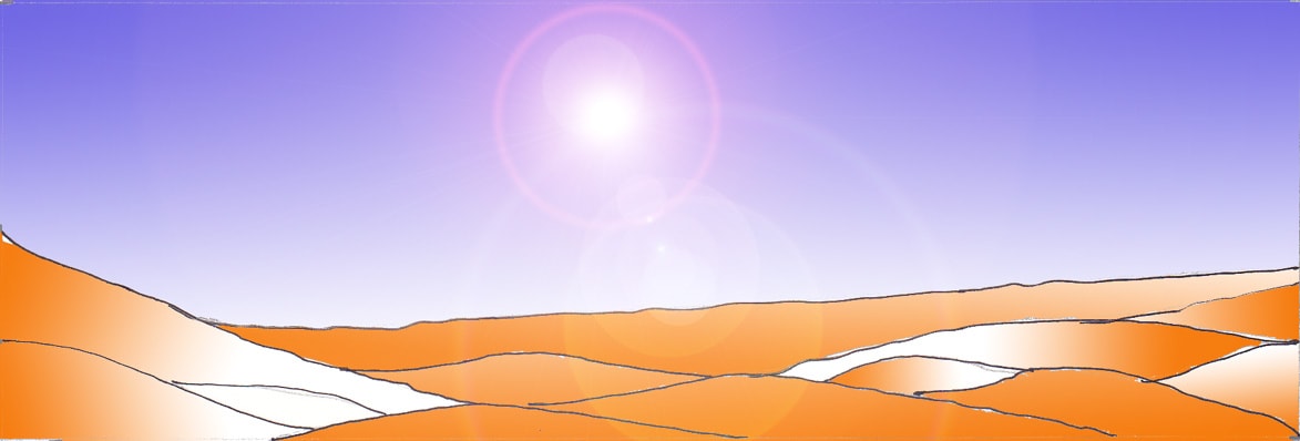 Immagine di un deserto (Per leggerne la descrizione proseguire nel link). Si vede un'ampia distesa desertica, movimentata da diverse dune di sabbia, dai colori ambra-arancio, in diverse sfumature, sotto un cielo terso, al centro un sole molto lucente.