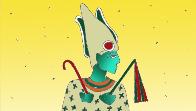 Immagine del dio egiziano Osiride (Per leggerne la descrizione proseguire nel link). Si vede di profilo la figura tradizionale del dio, con la pelle verde, vestito con una tunica con motivi verdi, nell'atto di reggere - in un incrocio di braccia - lo scettro e il flagello.