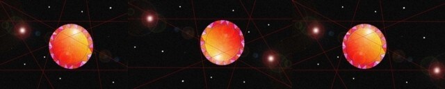 Immagine di tre pietre preziose rosse (rubini) su di uno sfondo di cielo notturno stellato.