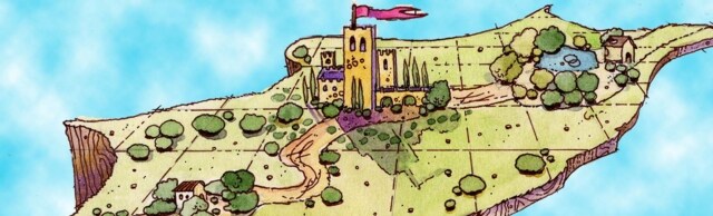 Immagine dall'alto, a volo d'uccello, del castello e della zona che lo circonda. (Per leggerne la descrizione proseguire nel link) Si vedono diversi alberi e campi verdi, il sentiero che giunge al castello e a un piccolo laghetto poco distante.
