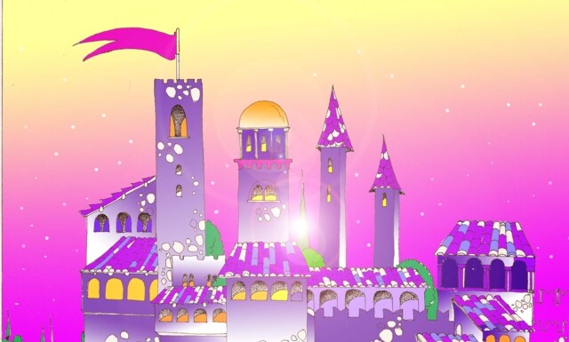 Immagine di un castello (Per leggerne la descrizione proseguire nel link). Si vede il complesso di un castello strutturato in diverse torri e corpi, cinto da mura che si intravedono a tratti. Dalla torre più alta, sventola una bandiera. Attorno, un cielo dalla tonalità rosa a segnalare l'alba del sole.