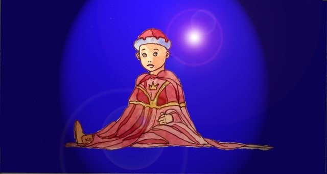 Immagine di Federico II bambino (Per leggerne la descrizione proseguire nel link) Si vede il bambino seduto, vestito con una lussuosa veste regale di color rosso porpora. Sul petto ha disegnata una corona. In testa un copricapo rosso con un bordo di pelliccia bianco.