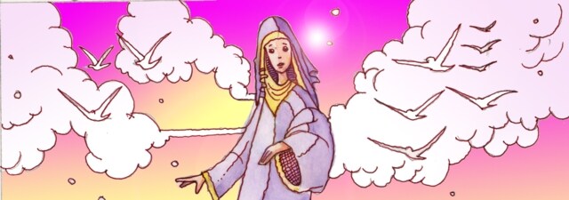 Immagine di Santa Chiara (Per leggerne la descrizione proseguire nel link). Si vede Chiara, vestita con una tunica e un velo che le copre il capo, su di uno sfondo di cielo al tramonto, mosso da nuvole e uccelli in volo.
