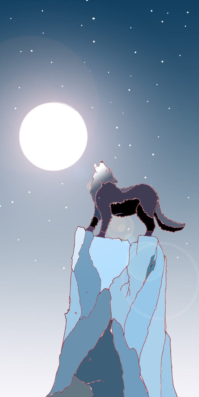 Immagine del lupo (Per leggerne la descrizione proseguire nel link). Si vede il lupo, in piedi su una sommità di ghiaccio. La sua pelliccia argentea risplende alla luce della Luna e della notte stellata che si vede sullo sfondo. Ulula alla Luna.
