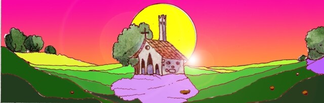 Paesaggio di campagna con al centro una chiesetta e un albero (Per leggerne la descrizione proseguire nel link). Si vedono degli appezzamenti di terreno e sullo sfondo, a sinistra, altri alberi. Al centro della scena si vede la chiesetta posta in direzione del sole che tramonta, tinteggiando di rosso tutto il cielo.