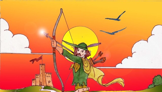 Immagine di Robin Hood (Per leggerne la descrizione proseguire nel link). Robin tira con l'arco. Il braccio sinistro disteso impugna l'arco mentre il destro è piegato per scoccare la freccia. Robin è vestito di verde e indossa un cappello con una piuma. Dietro di lui, sullo sfondo, un castello e un cielo rosso al tramonto.