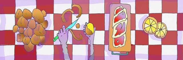 Immagine di una tovaglia bianca e rossa (Per leggerne la descrizione proseguire nel link). Sullo sfondo di una tovaglia a scacchi bianchi e rossi si vedono delle patate, sbucciate 
 e da sbucciare, e della carne su un tagliere.