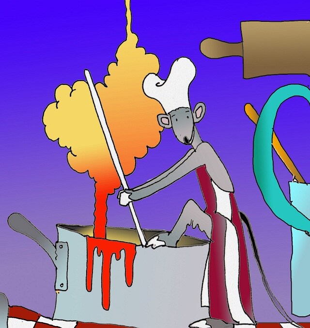 Immagine del topo chef che rimesta in un pentolone (Per leggerne la descrizione proseguire nel link). Il topolino col cappello da chef impugna un cucchiaio.