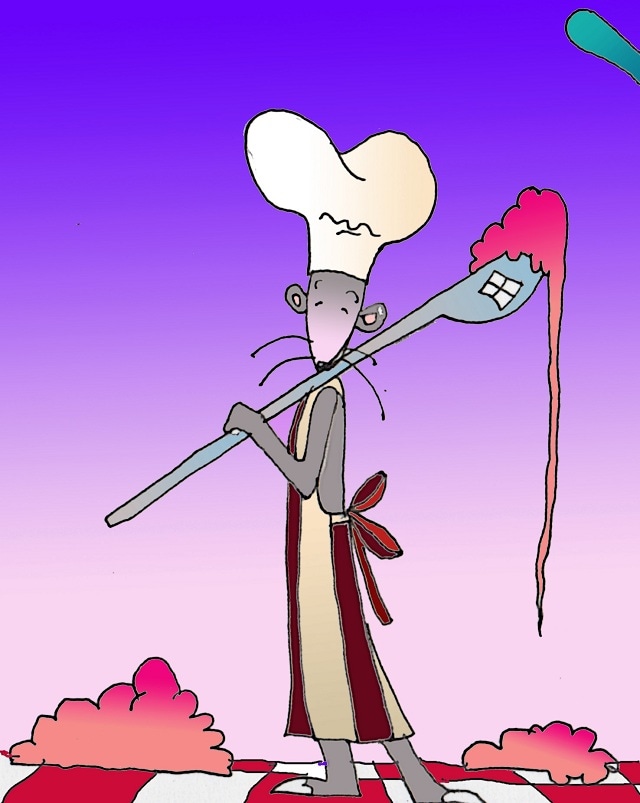 Immagine del topo che porta in spalla un cucchiaino ricolmo (Per leggerne la descrizione proseguire nel link). Il topino, col cappello da chef, che porta in spalla un cucchiaino ricolmo da cui cola una salsa.