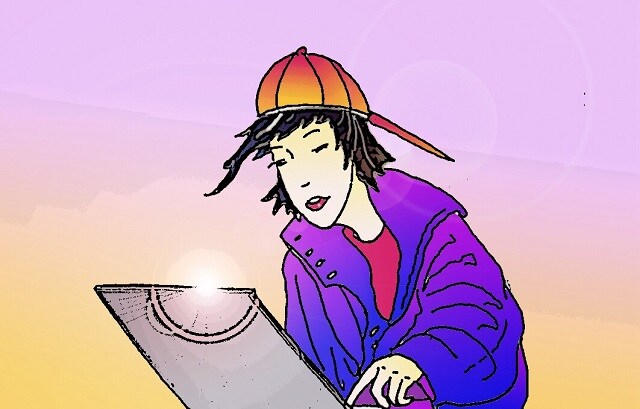 Immagine di Li Hacker davanti al laptop (Per leggerne la descrizione proseguire nel link). Li indossa un cappello con visiera.
