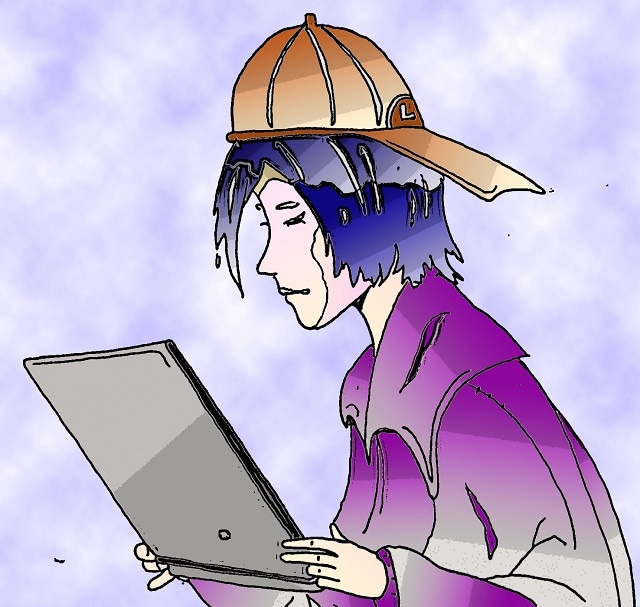 Immagine di Li Hacker con il laptop (Per leggerne la descrizione proseguire nel link). Si vede il ragazzo con il cappello a visiera sulla nuca.