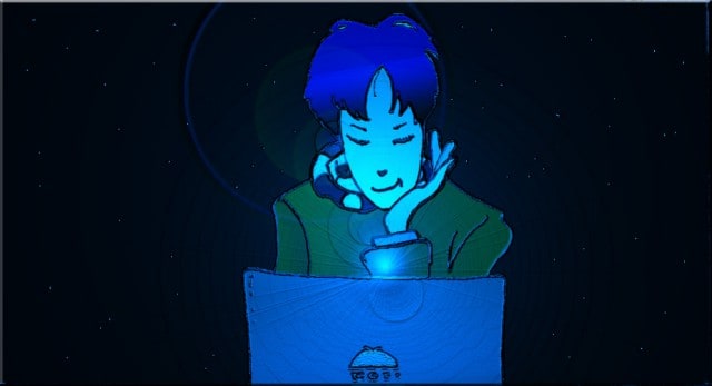 Immagine di Li Hacker seduto al computer (Per leggerne la descrizione proseguire nel link). Si vede Li Hacker dietro lo schermo del portatile. Ha la mano sinistra aperta sotto il mento, in atto di concentrazione. Il volto è incorniciato dalla capigliatura scura. Sullo sfondo, la notte stellata.