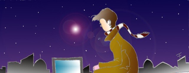 Immagine di Li-Hacker in primo piano, seduto fra i tetti della città (Per leggerne la descrizione proseguire nel link). Si vede Li-Hacker di profilo, seduto davanti al computer, sulla silhouette dei tetti scuri della città e del cielo stellato sullo sfondo.