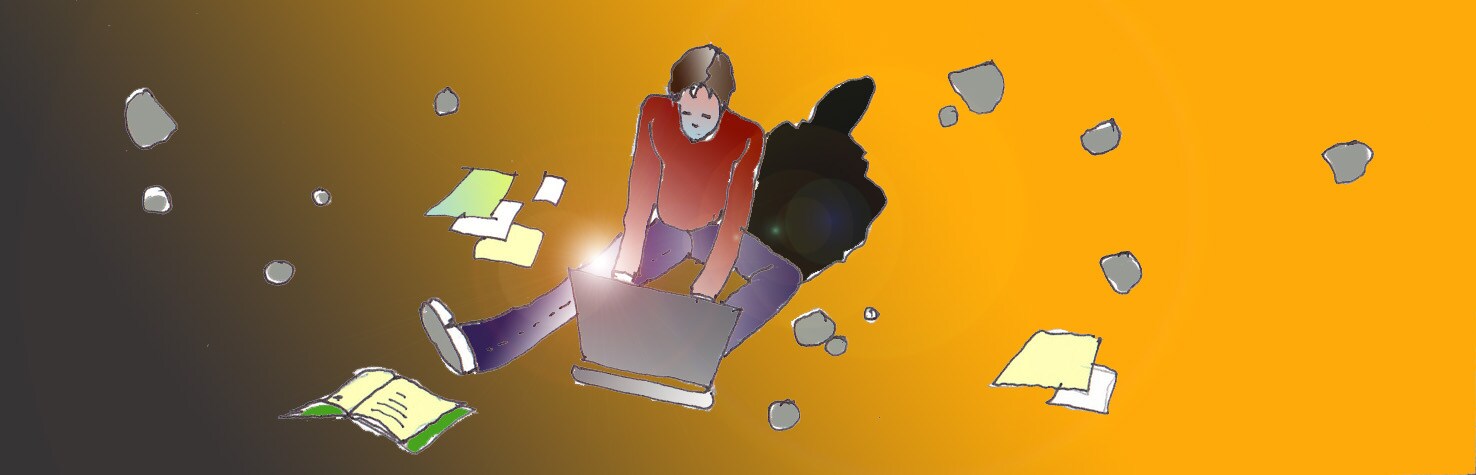 Immagine di Li Hacker visto dall'alto (Per leggerne la descrizione proseguire nel link). Si vede il ragazzo seduto in terra, davanti a un laptop. Attorno a lui alcuni fogli sparsi e quaderni sparsi.