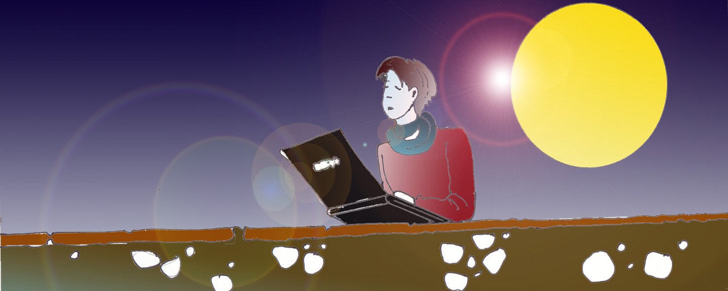 Li Hacker con in laptop appoggiato su di un corncione (Per leggerne la descrizione proseguire nel link). Si vede il ragazzo in mezzo busto, coperto dal cornicione in mattoni sul cui bordo è appoggiato il laptop. Sullo sfondo una grande luna piena.