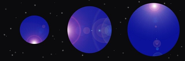Immagine di tre pianeti blu di diversa grandezza (Per leggerne la descrizione proseguire nel link). I pianeti sullo sfondo cosmico puntellato di stelle.