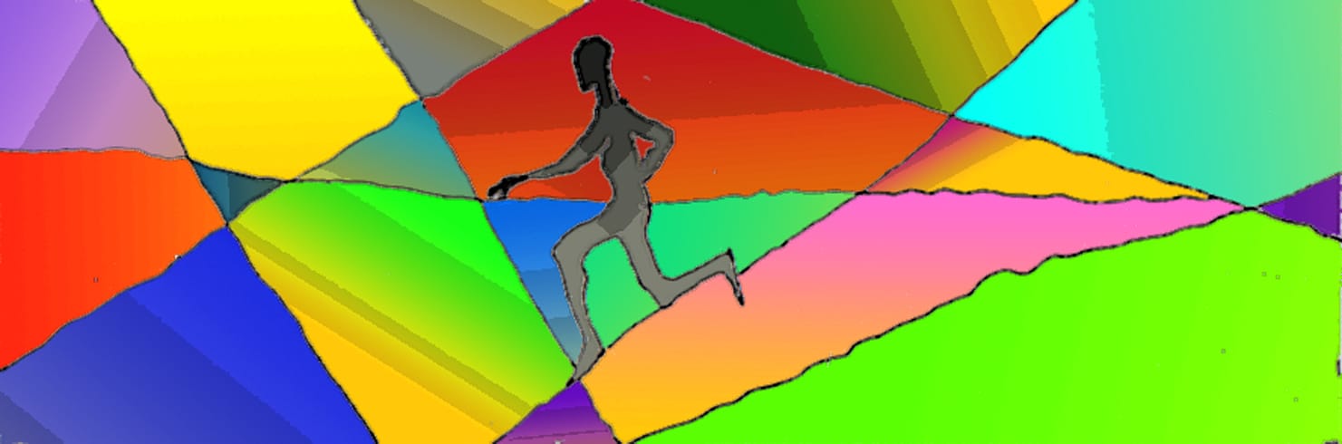 Immagine della silhouette di una figura umana fra campiture colorate. (Per leggerne la descrizione proseguire nel link). Si vede al centro la figura stilizzata grigia di un corpo inscritto in losanghe colorate.