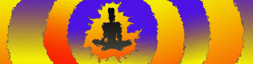 Immagine di una persona, seduta nella posizione del loto (Per leggerne la descrizione proseguire nel link). Si una figura stilizzata seduta a gambe incrociate. Si potrebbe pensare nell'atto di una meditazione. Tutto attorno delle onde colorate, a cerchi concentrici.