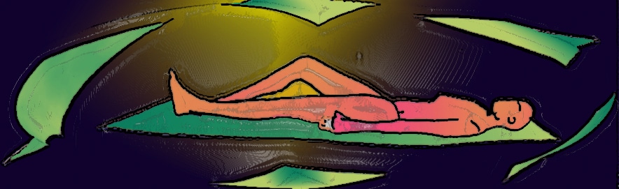Immagine di un corpo sdraiato (Per leggerne la descrizione proseguire nel link). La figura stilizzata di un uomo addormentato, disteso su un lungo foglio verde con la gamba destra flessa. Attorno a lui altri foglietti verdi, svolazzanti in aria.