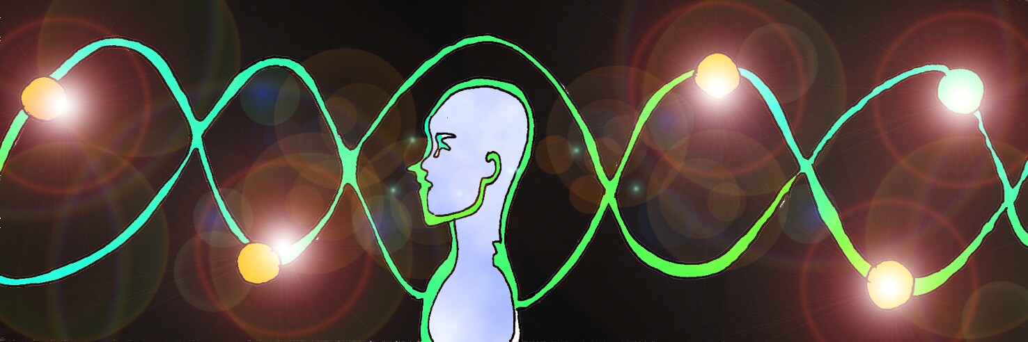 Cornice composta al centro da un profilo di una figura umana, tratteggiata da un doppio contorno di colore verde fluorescente. All'altezza della testa, da entrambi i lati un motivo sinusoidale di linee intrecciate da palline.