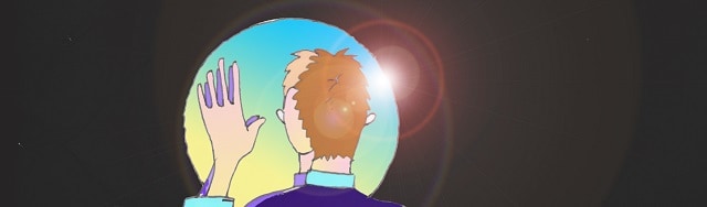 Immagine di un uomo allo specchio (Per leggerne la descrizione proseguire nel link). Il busto di spalle, con la mano sinistra che tocca lo specchio
