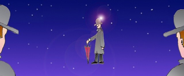 Immagine di un omino con l'ombrello (Per leggerne la descrizione proseguire nel link). L'omino al centro e i due volti (di spalle, i suoi) in primo piano ai lati della scena.