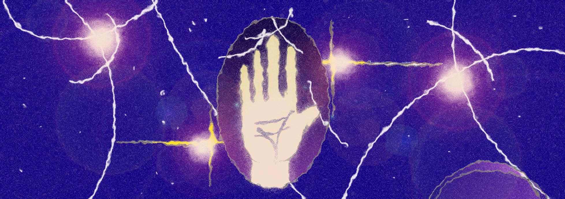 Immagine del palmo di una mano. (Per leggerne la descrizione proseguire nel link). Si vede al centro il palmo di una mano tra punti di luce.