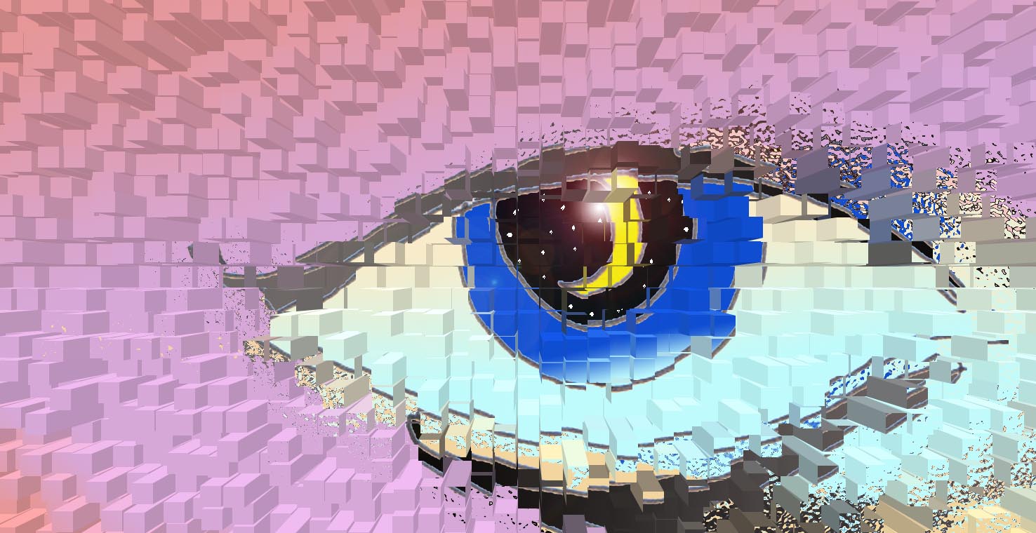 Immagine di un occhio (Per leggerne la descrizione proseguire nel link). Ravvicinata su un occhio di colore azzurro attraverso una superficie frammentata.
