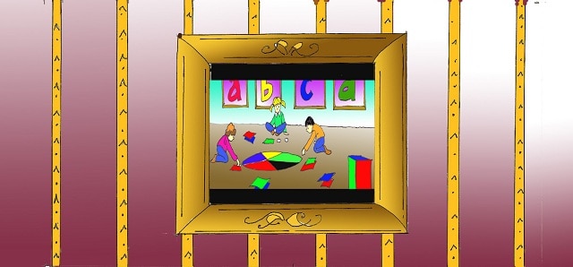 Immagine del quadro che rappresenta una scena di gioco di bambini a scuola (Per leggerne la descrizione proseguire nel link). Si vedono tre bambini seduti in terra attorno a delle forme geometriche solide e piane: triangolari, rettangolari, prisma, quadrati dai colori verde, rosso, blu, nero. Al centro della scena, cinque grandi sezioni triangolari, accostate tra loro, compongono una specie di circolo. Sullo sfondo, al muro, le lettere colorate: a, b, c, d.