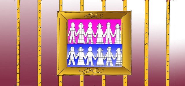 Immagine del quadro che rappresenta una maquette di figurine di bambini in fila. (Per leggerne la descrizione proseguire nel link). Si vedono disposti su due file una serie di sagome di bimbi, di carta ritagliata. La fila superiore ha uno sfondo di colore rosa mentre la fila inferiore ha lo sfondo di colore azzurro.