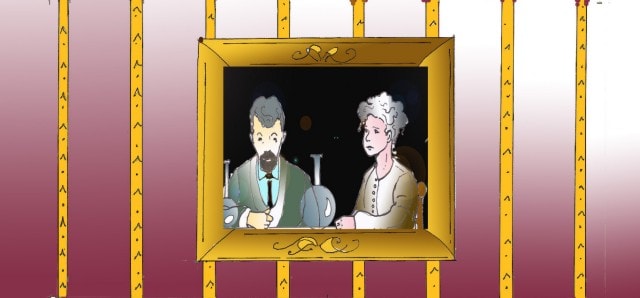 Immagine del quadro di Pierre e Marie Curie (Per leggerne la descrizione proseguire nel link). Si vedono i due coniugi seduti. Accanto a loro diverse provette e becher. Il quadro è appeso a una parete rivestita con carta da parati di colore rosso, con strisce verticali, decorate, di colore giallo.