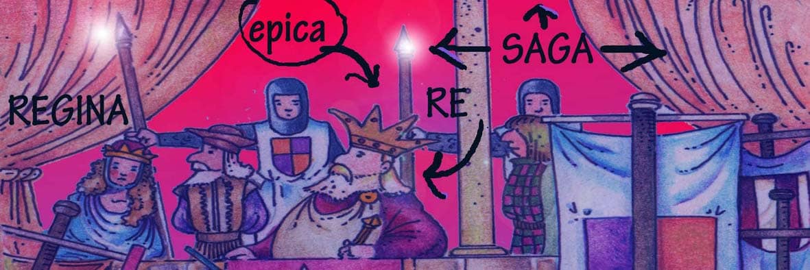 Cornice composta da una scena di corte in cui si vedono il re, la regina, soldati. Attorno a drappi, le scritte: 'Re, Regina, saga, epica'.