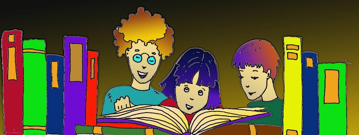Immagine di tre ragazzi davanti a un libro(Per leggerne la descrizione proseguire nel link). Tre ragazzi leggono; destra e a sinistra una fila di libri.