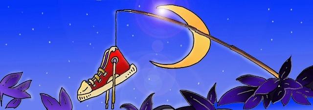 Immagine di una scarpa (Per leggerne la descrizione proseguire nel link). Una scarpa da ginnastica di colore rosso, pescata con una canna da pesca, sullo sfondo notturno illuminato da una falce di luna.