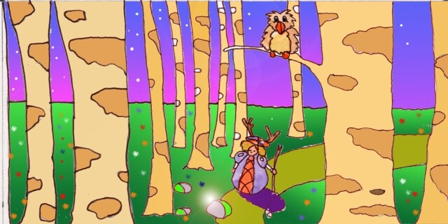 Immagine di Fanfauna che passeggia nel bosco. (Per leggerne la descrizione proseguire nel link). Si vede la regina tra gli alberi che cammina su di un sentiero. Sopra di lei, su un ramo, un piccolo gufo.