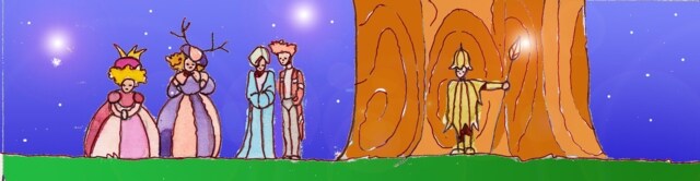 Immagine di Jackie, Floriflora, Fanfauna, Nimphea presso il tronco dell'albero presieduto da un Betullo(Per leggerne la descrizione proseguire nel link) Il gruppo è a destra del grande tronco e medita il da farsi.
